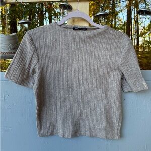 Zara Heather Gray Ribbed Short Sleeve Top